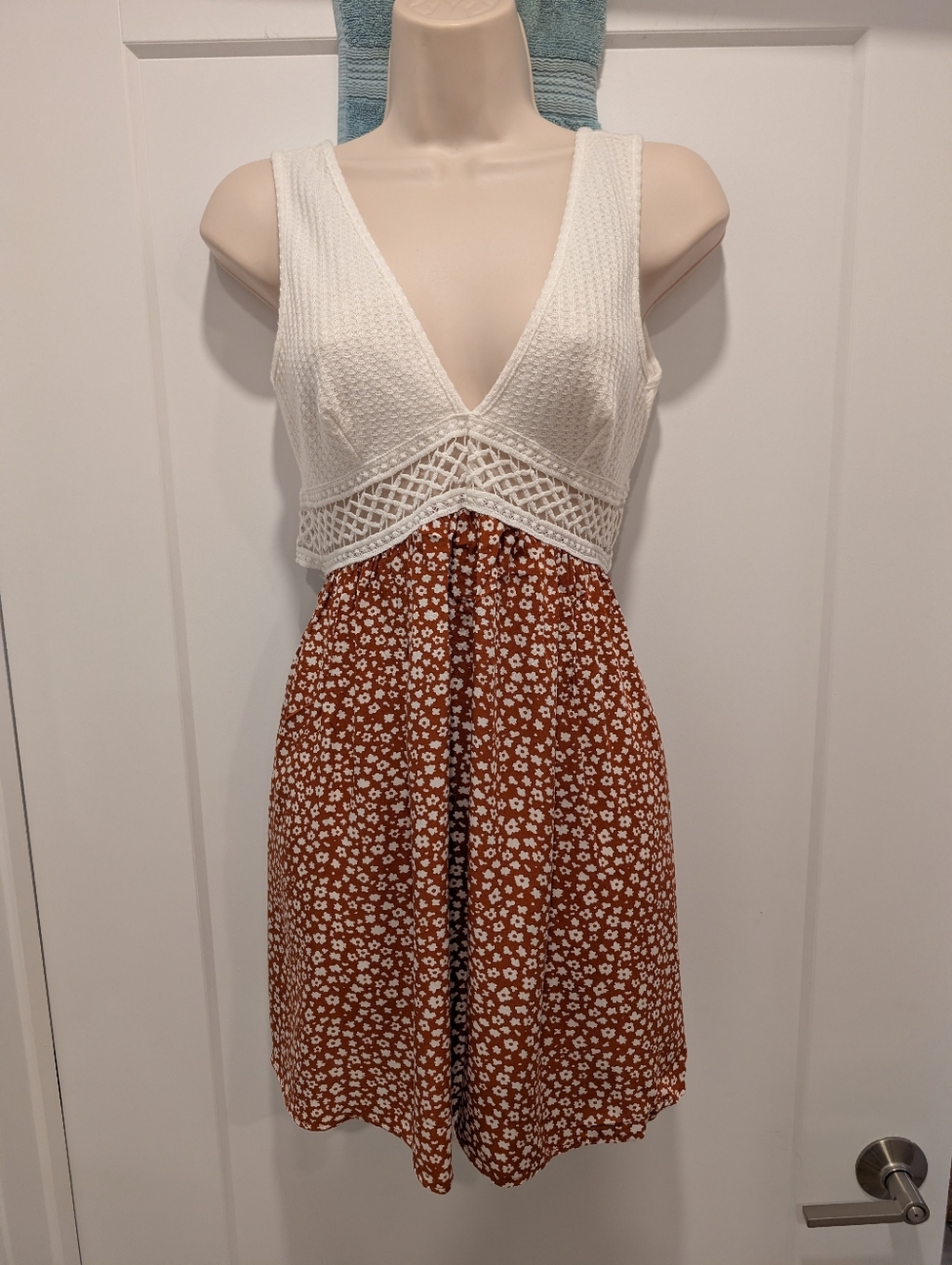 White Crochet Bodice Rust Floral Summer Mini Dress